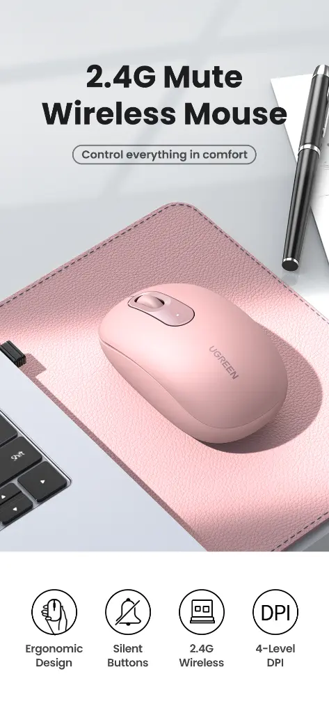 UGREEN MOUSE INALAMBRICO PORTABLE ROSA 2400DPI